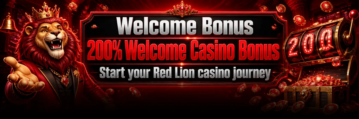 Cheerful crowned lion mascot leaning on a glowing red slot machine in a lavish dark casino hall